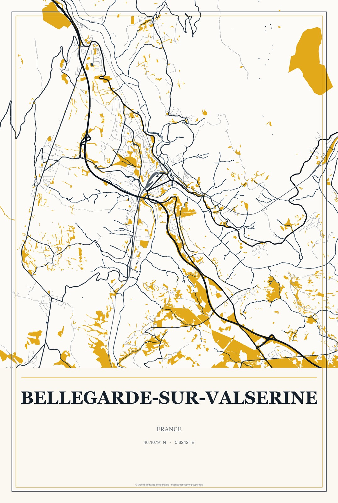 Bellegarde-sur-Valserine, France City Map Aluminum Sign in Citrine Modern style