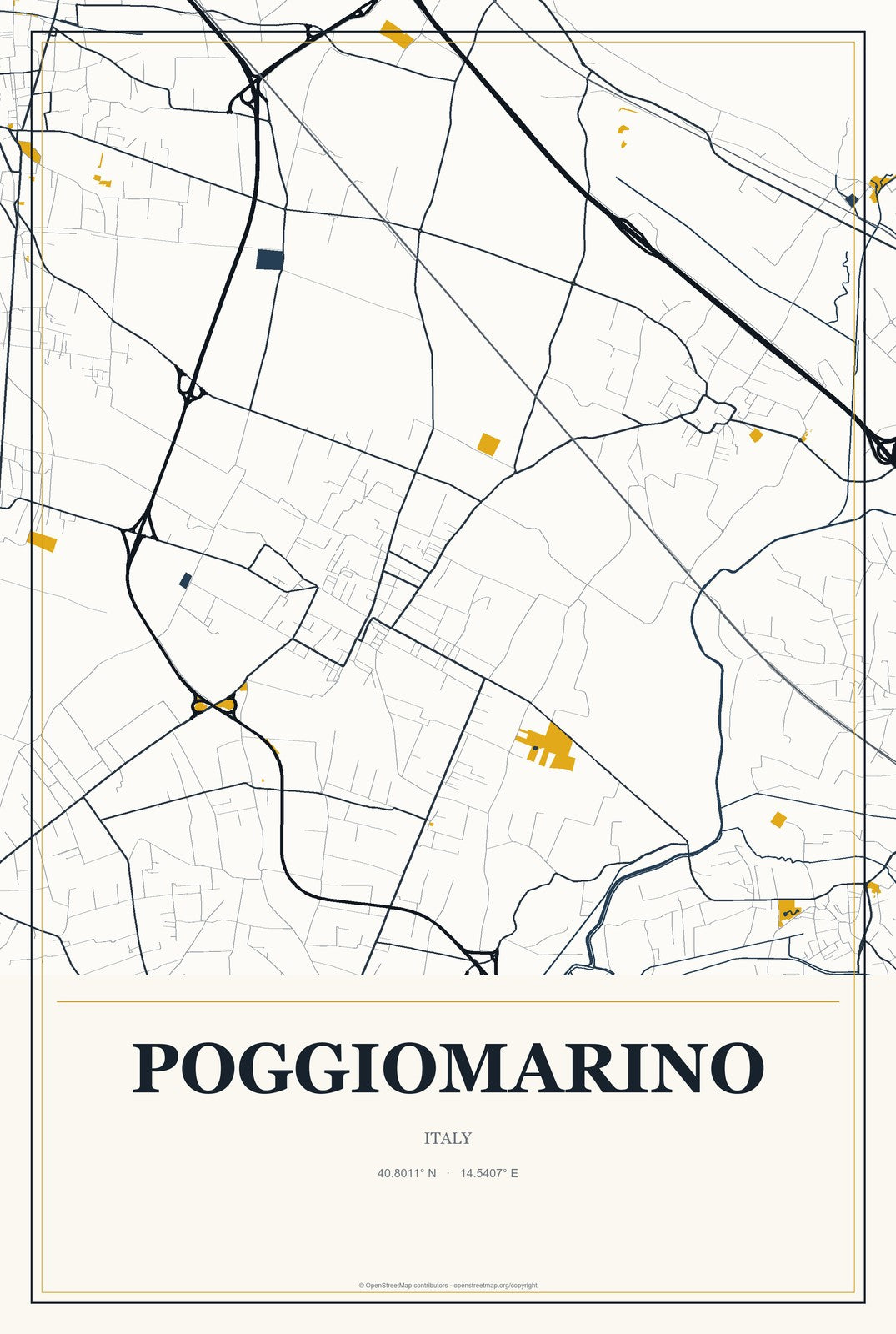 Poggiomarino, Italy City Map Aluminum Sign in Citrine Modern style