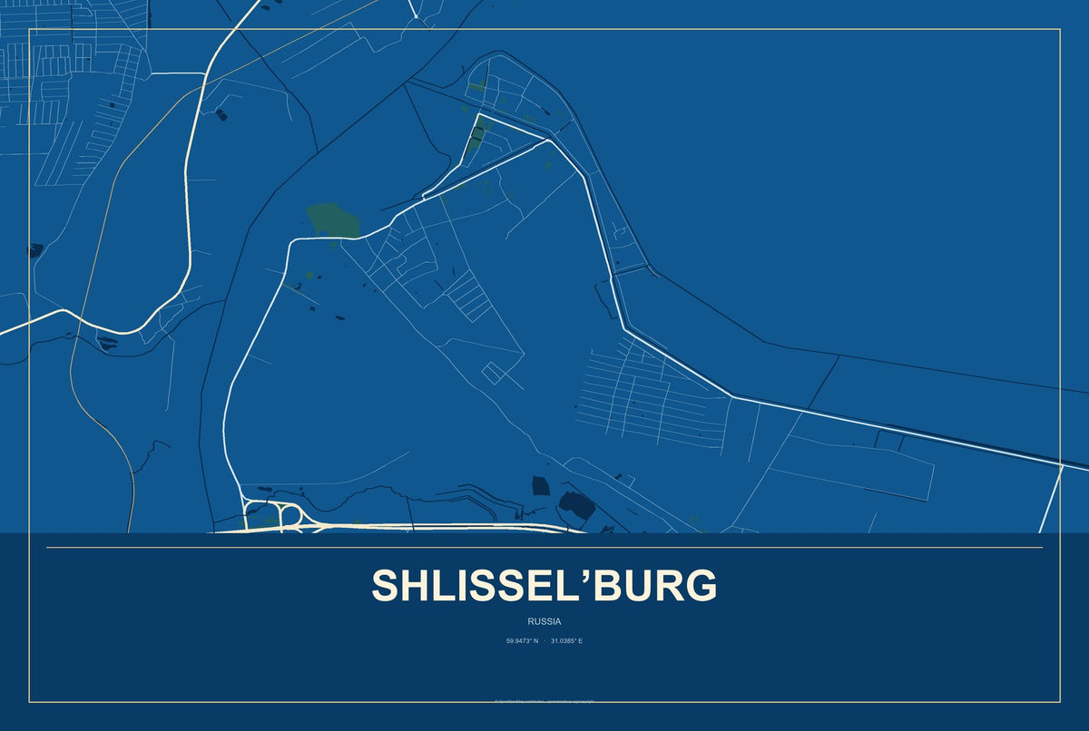 Shlissel’burg, Russia City Map Aluminum Sign in Harbor Cobalt style