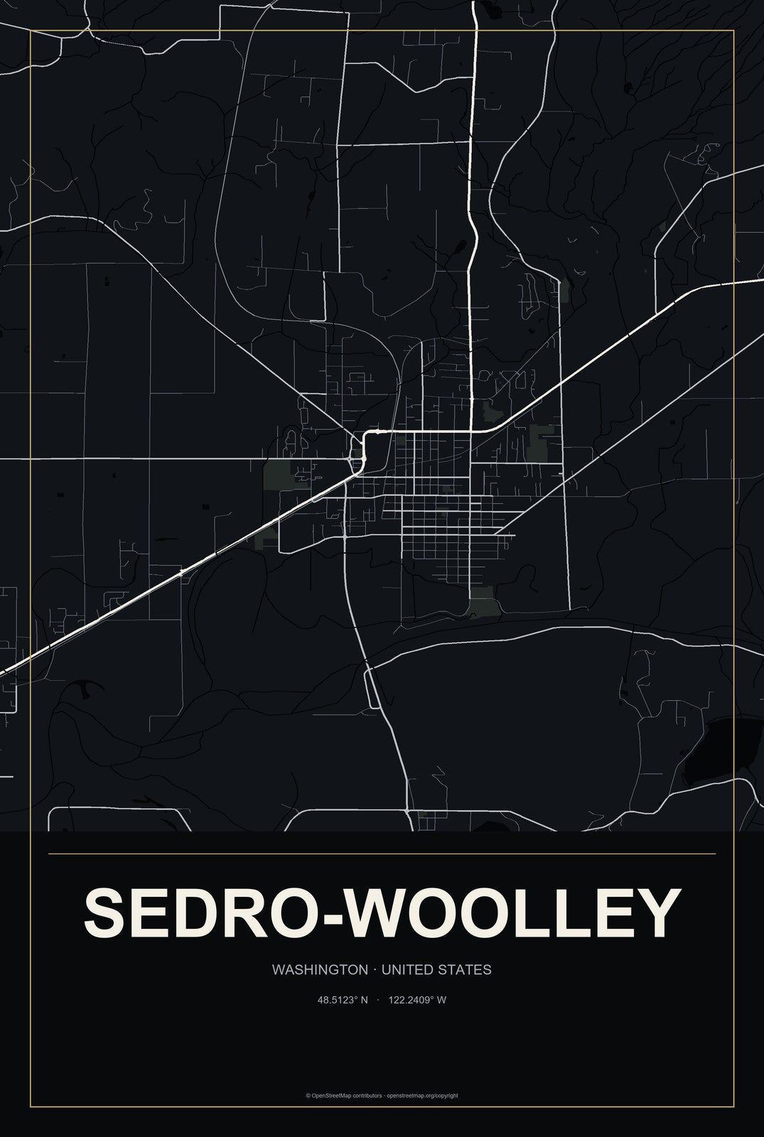 Sedro-Woolley, Washington City Map Aluminum Sign in Metropolitan Noir style