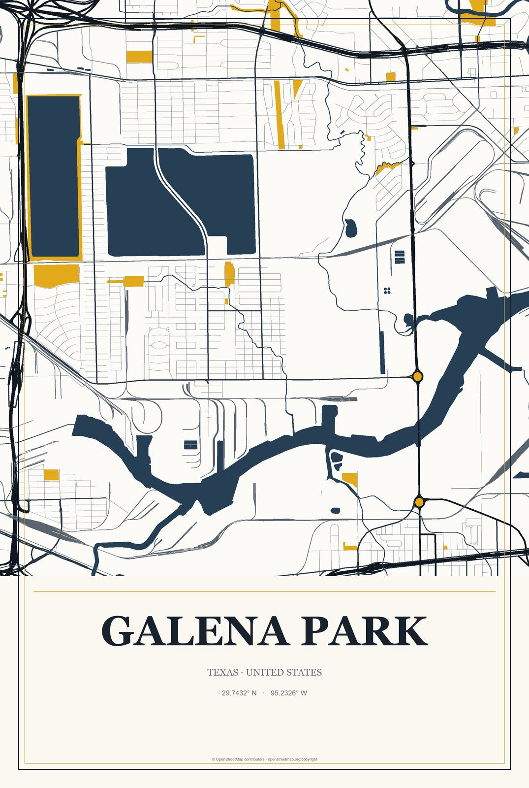Galena Park, Texas City Map Aluminum Sign in Citrine Modern style