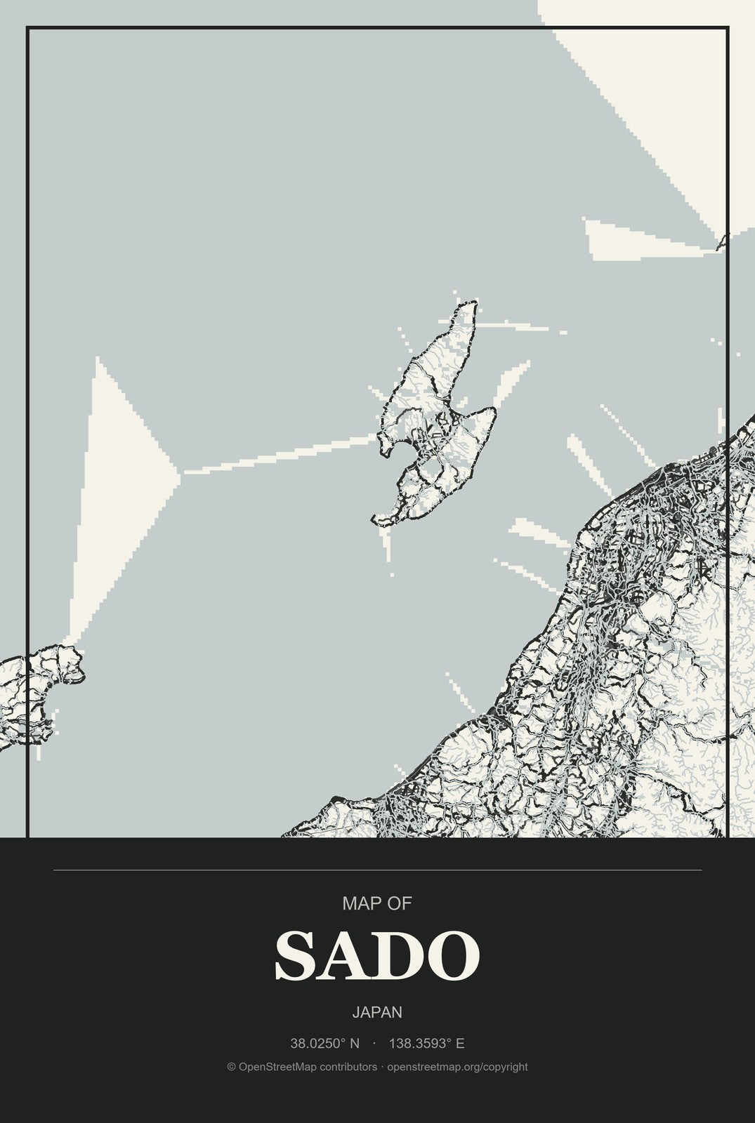 Sado, Japan City Map Aluminum Sign in Museum Plaque style