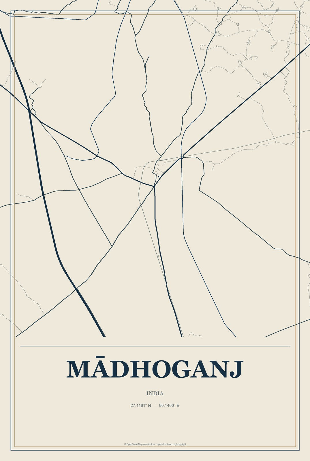 Mādhoganj, India City Map Aluminum Sign in Coastal Cutout style