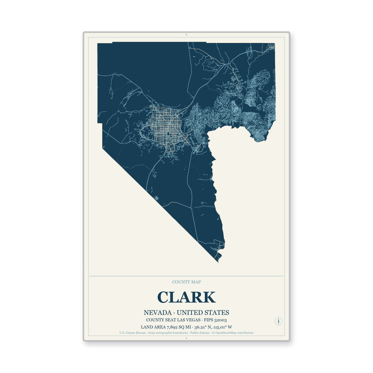 Clark County, Nevada Map Aluminum Sign in Coastal Cutout style
