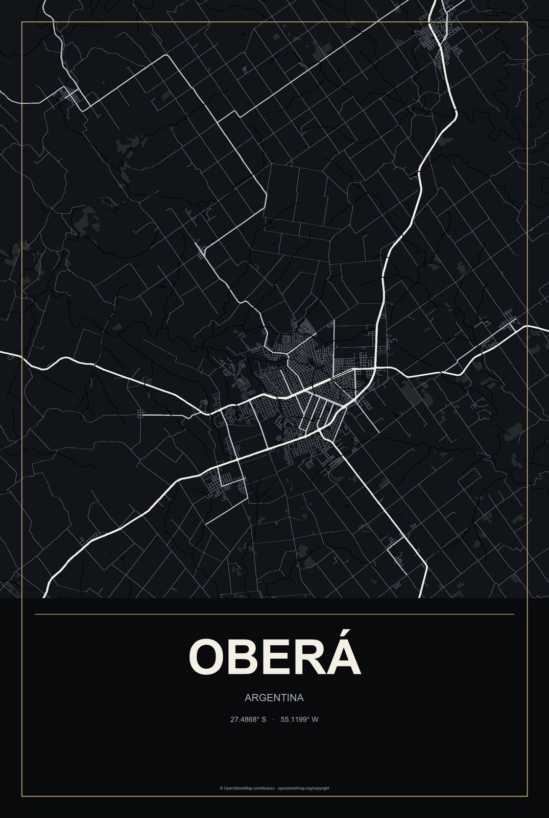 Oberá, Argentina City Map Aluminum Sign in Metropolitan Noir style