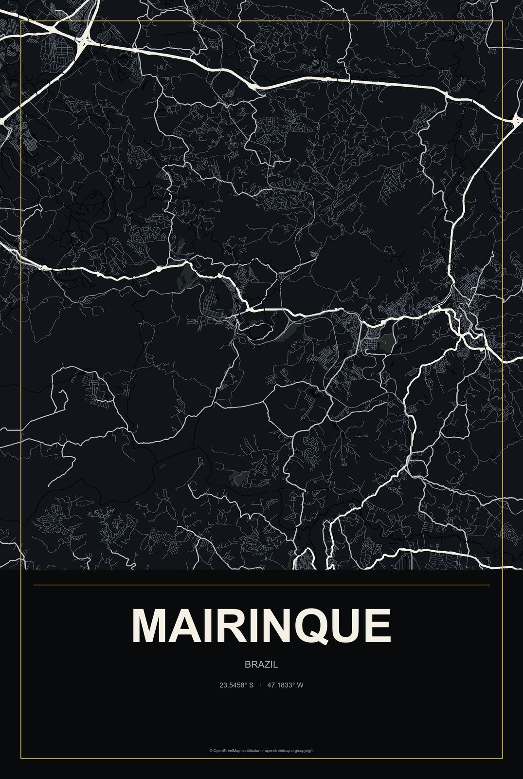 Mairinque, Brazil City Map Aluminum Sign in Metropolitan Noir style