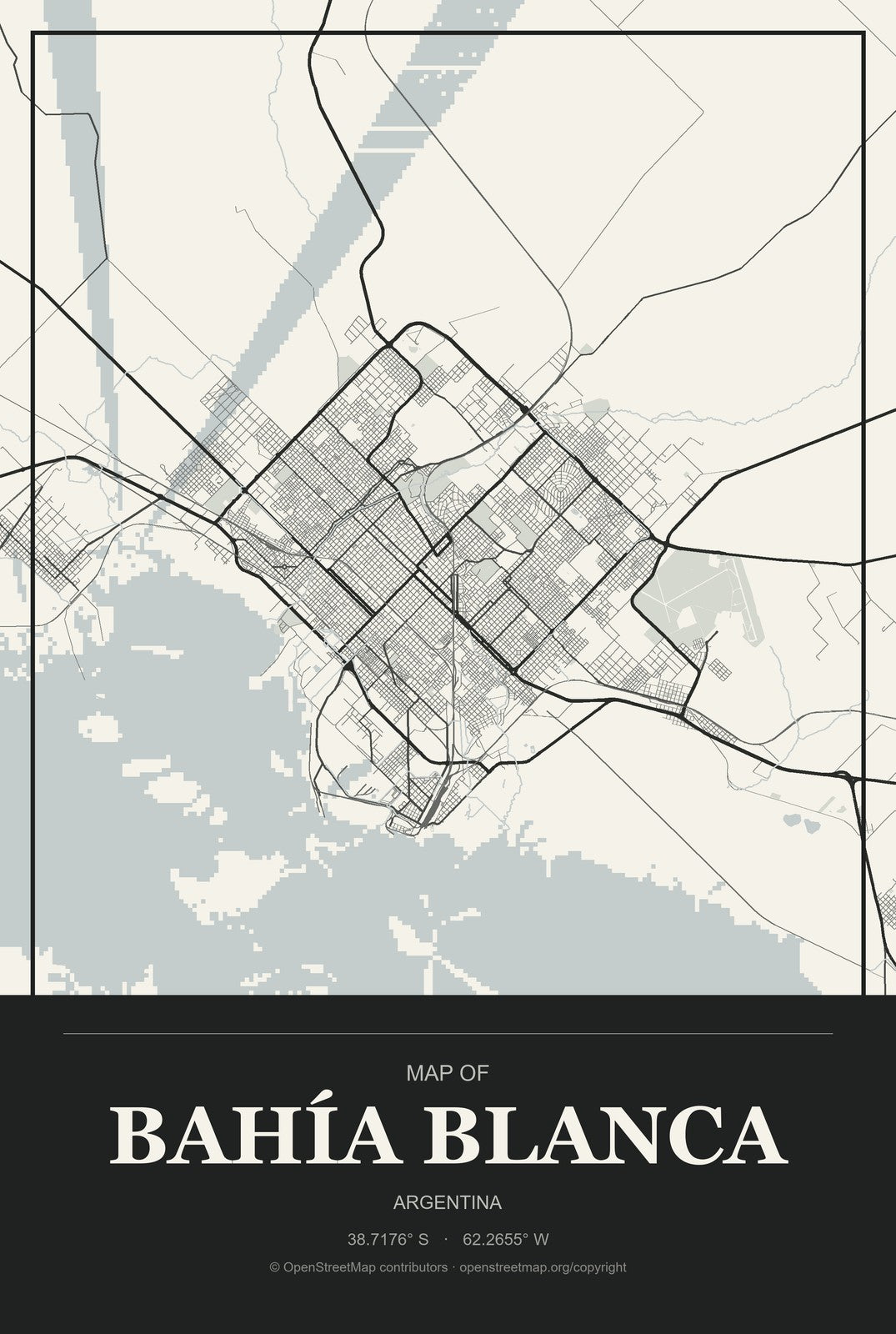 Bahía Blanca, Argentina City Map Aluminum Sign in Museum Plaque style
