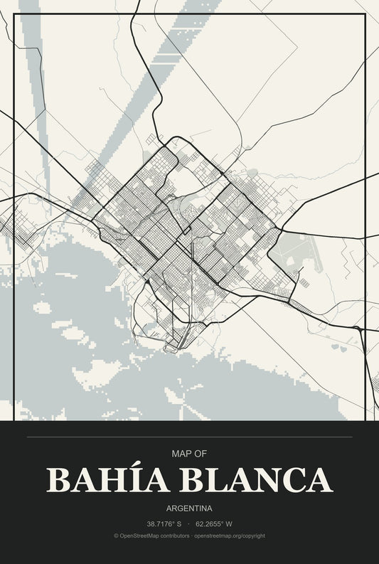 Bahía Blanca, Argentina City Map Aluminum Sign in Museum Plaque style