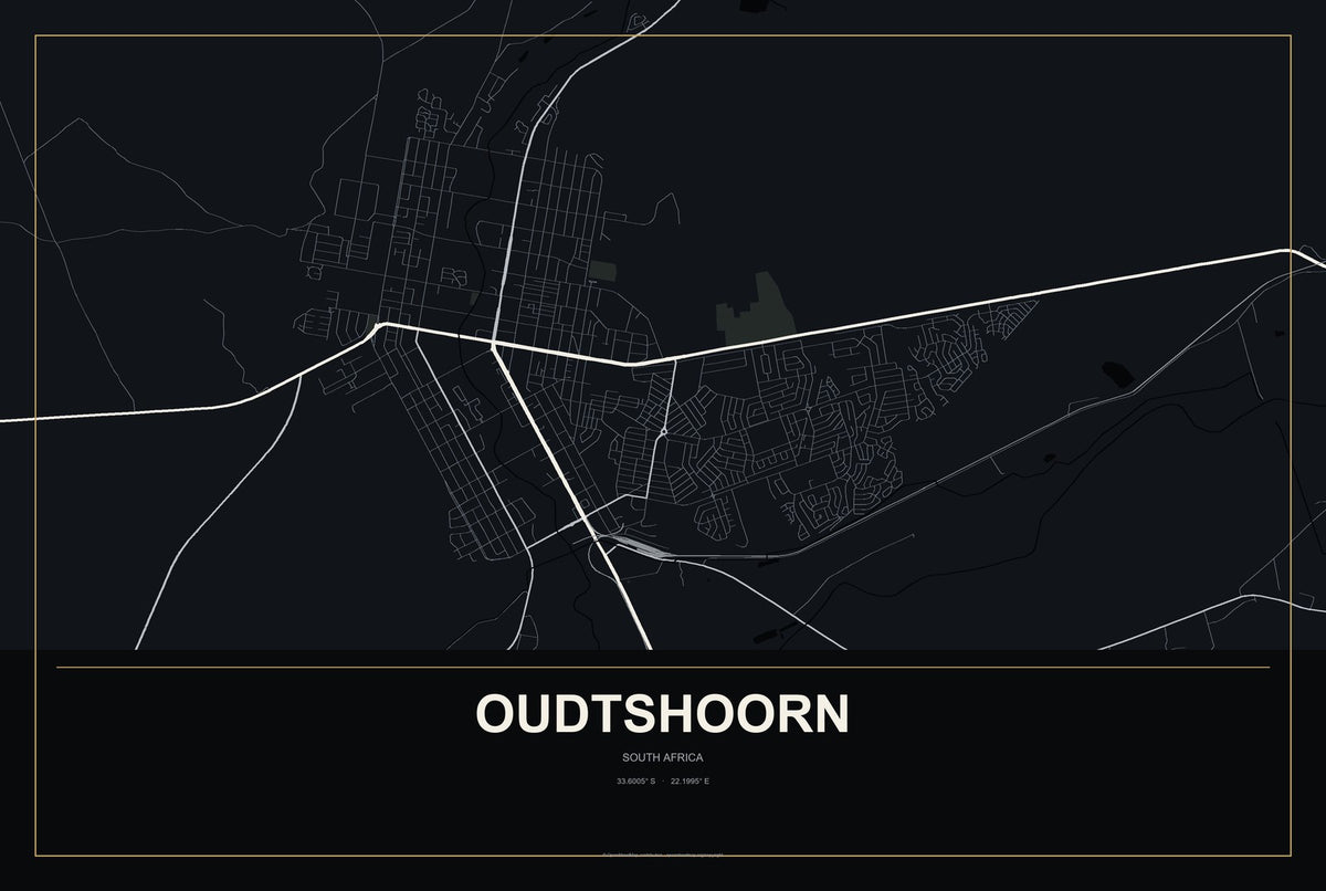Oudtshoorn, South Africa City Map Aluminum Sign in Metropolitan Noir style