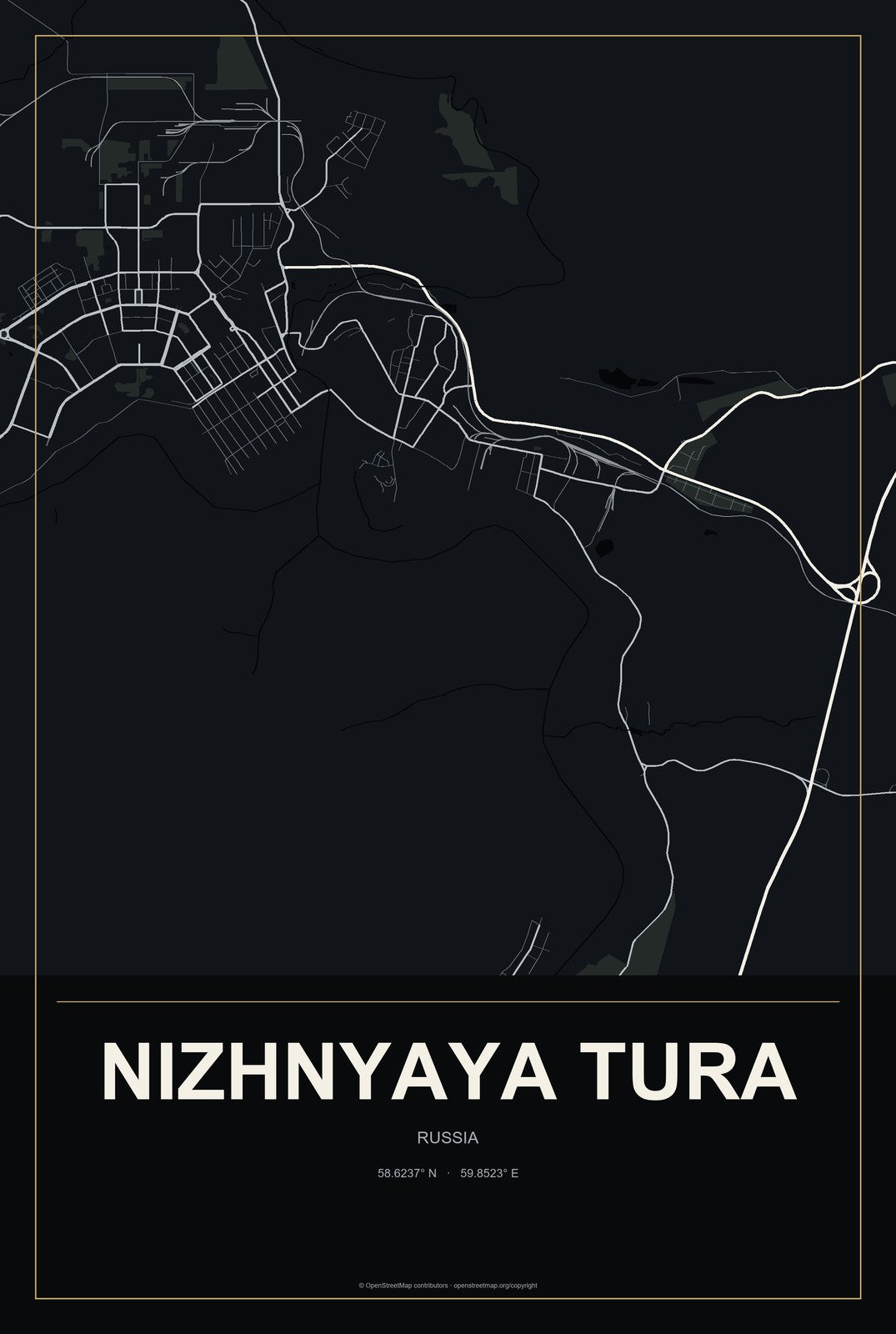 Nizhnyaya Tura, Russia City Map Aluminum Sign in Metropolitan Noir style