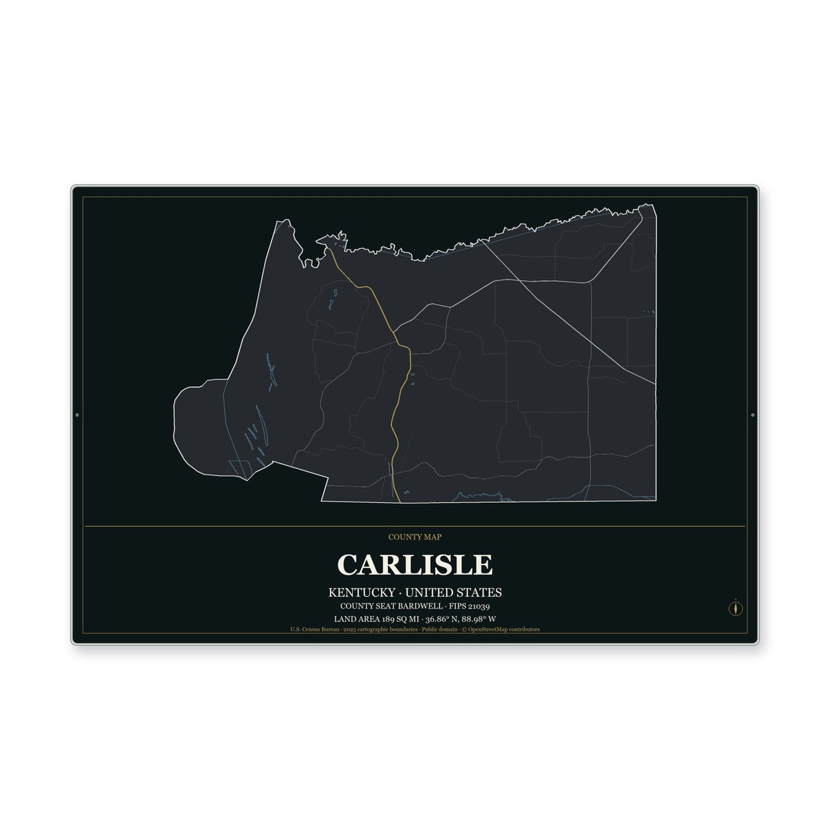 Carlisle County, Kentucky Map Aluminum Sign in Metropolitan Noir style