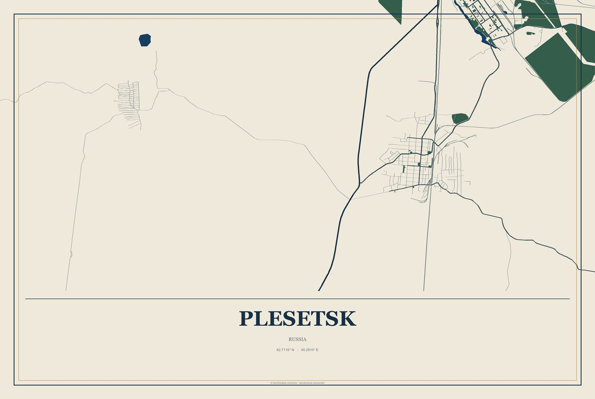 Plesetsk, Russia City Map Aluminum Sign in Coastal Cutout style