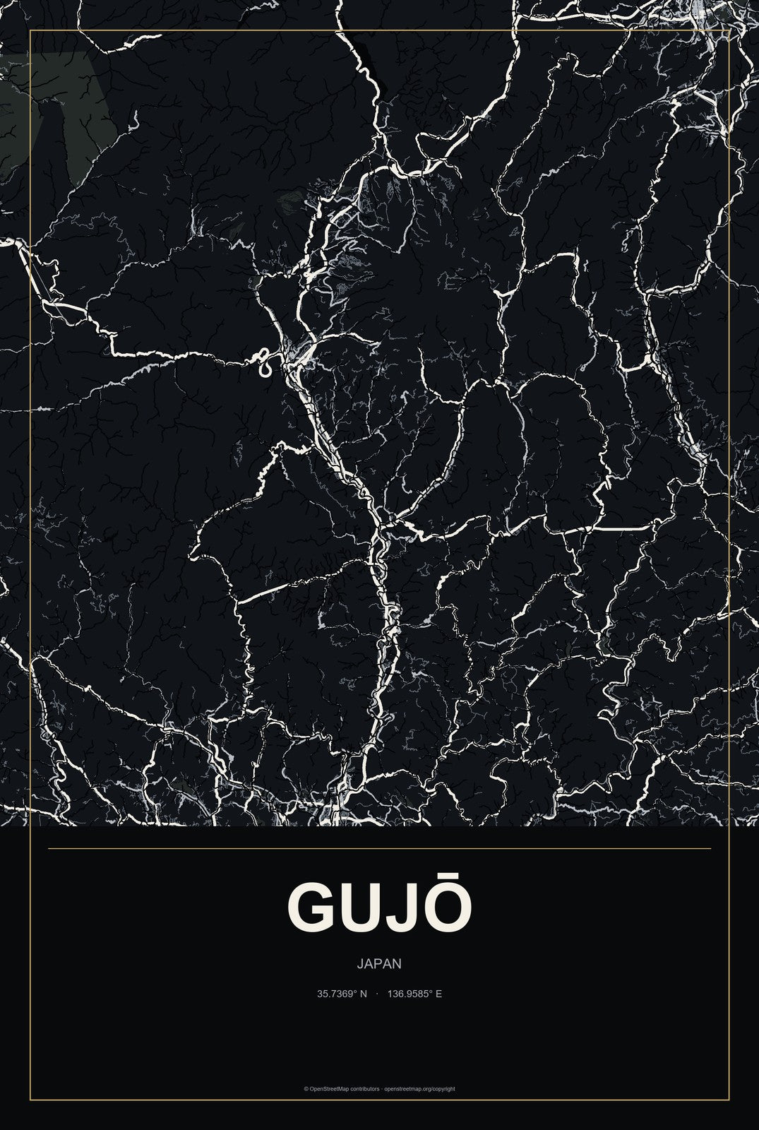 Gujō, Japan City Map Aluminum Sign in Metropolitan Noir style
