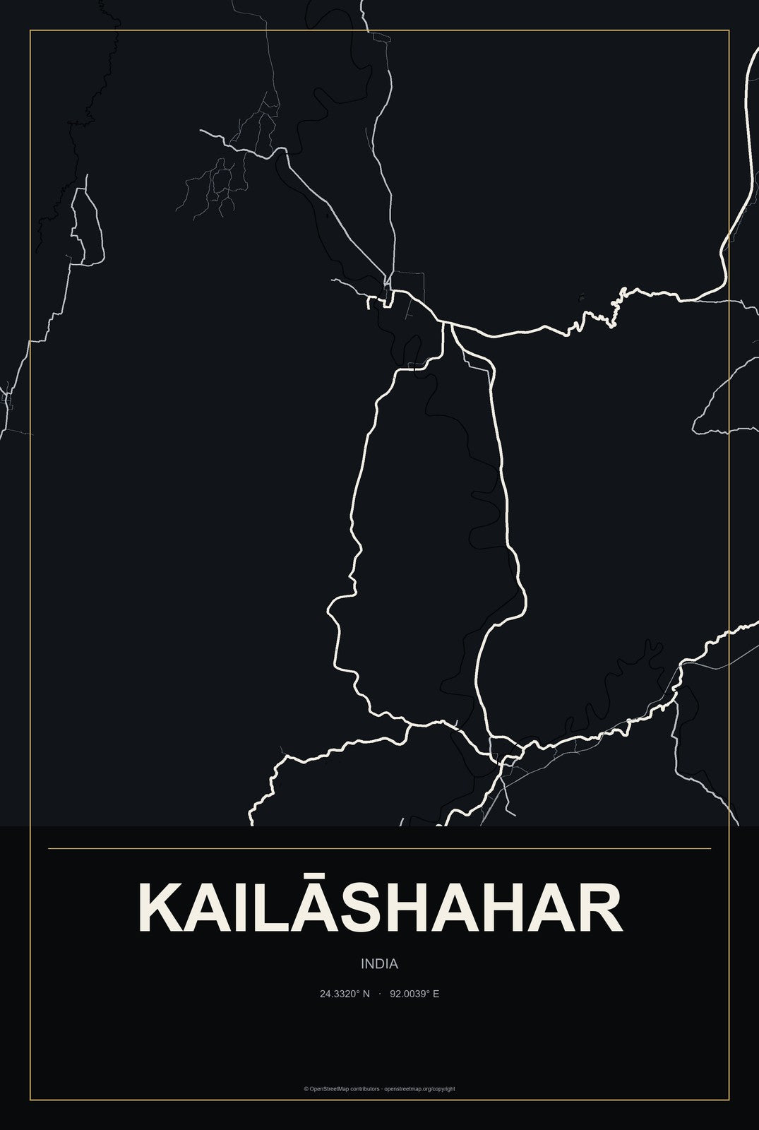 Kailāshahar, India City Map Aluminum Sign in Metropolitan Noir style