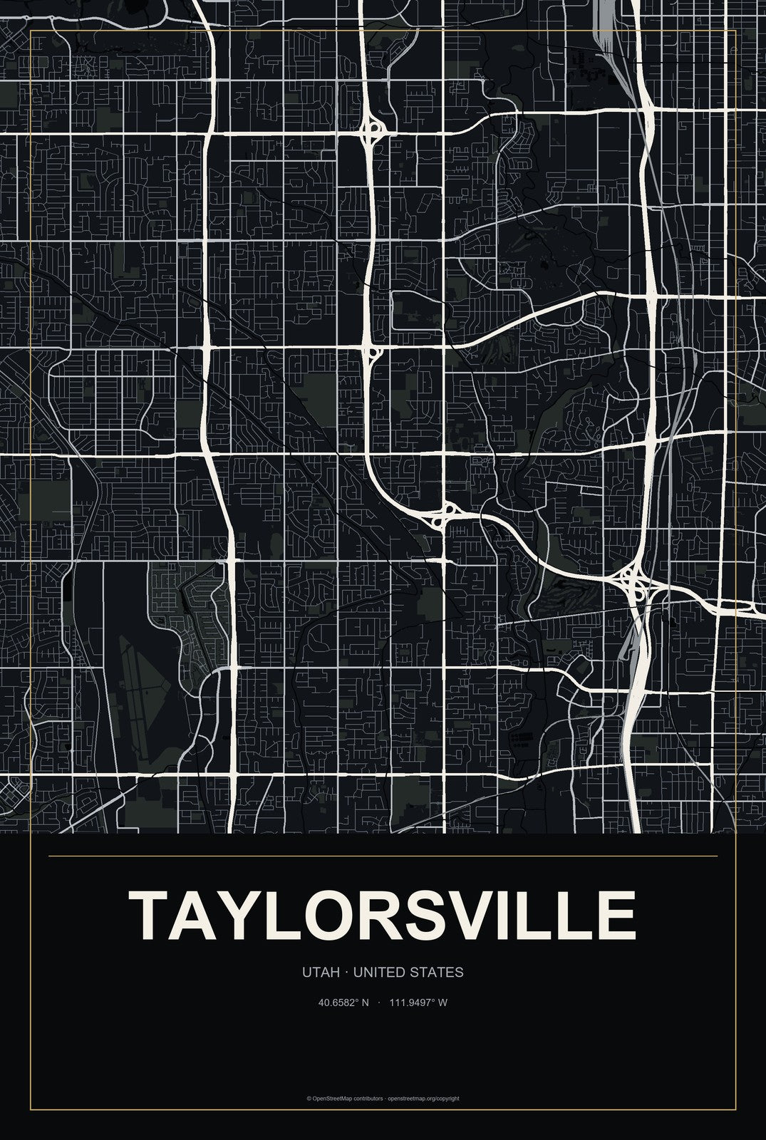Taylorsville, Utah City Map Aluminum Sign in Metropolitan Noir style