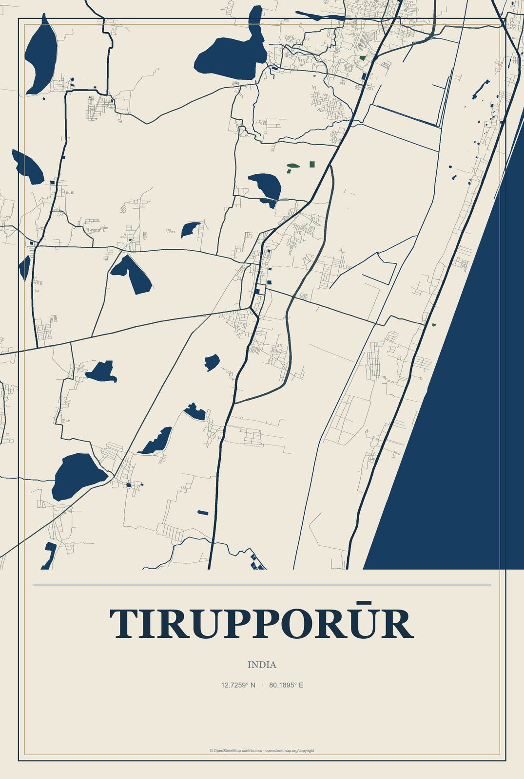 Tirupporūr, India City Map Aluminum Sign in Coastal Cutout style