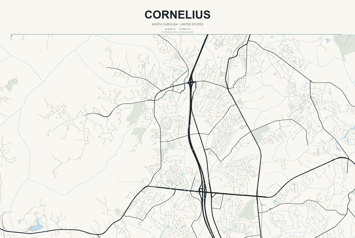Cornelius, North Carolina City Map Aluminum Sign in Headline Atlas style