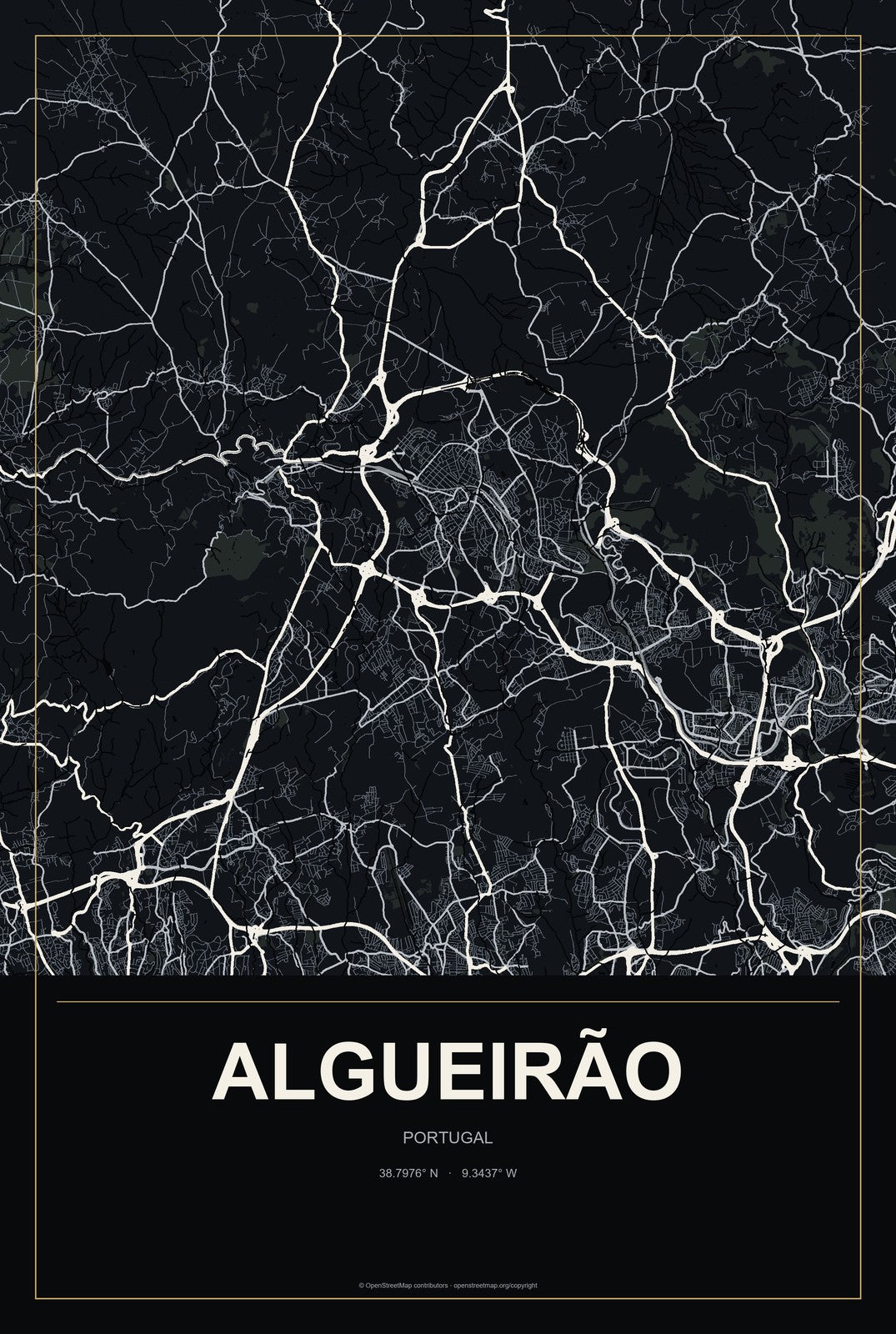 Algueirão, Portugal City Map Aluminum Sign in Metropolitan Noir style
