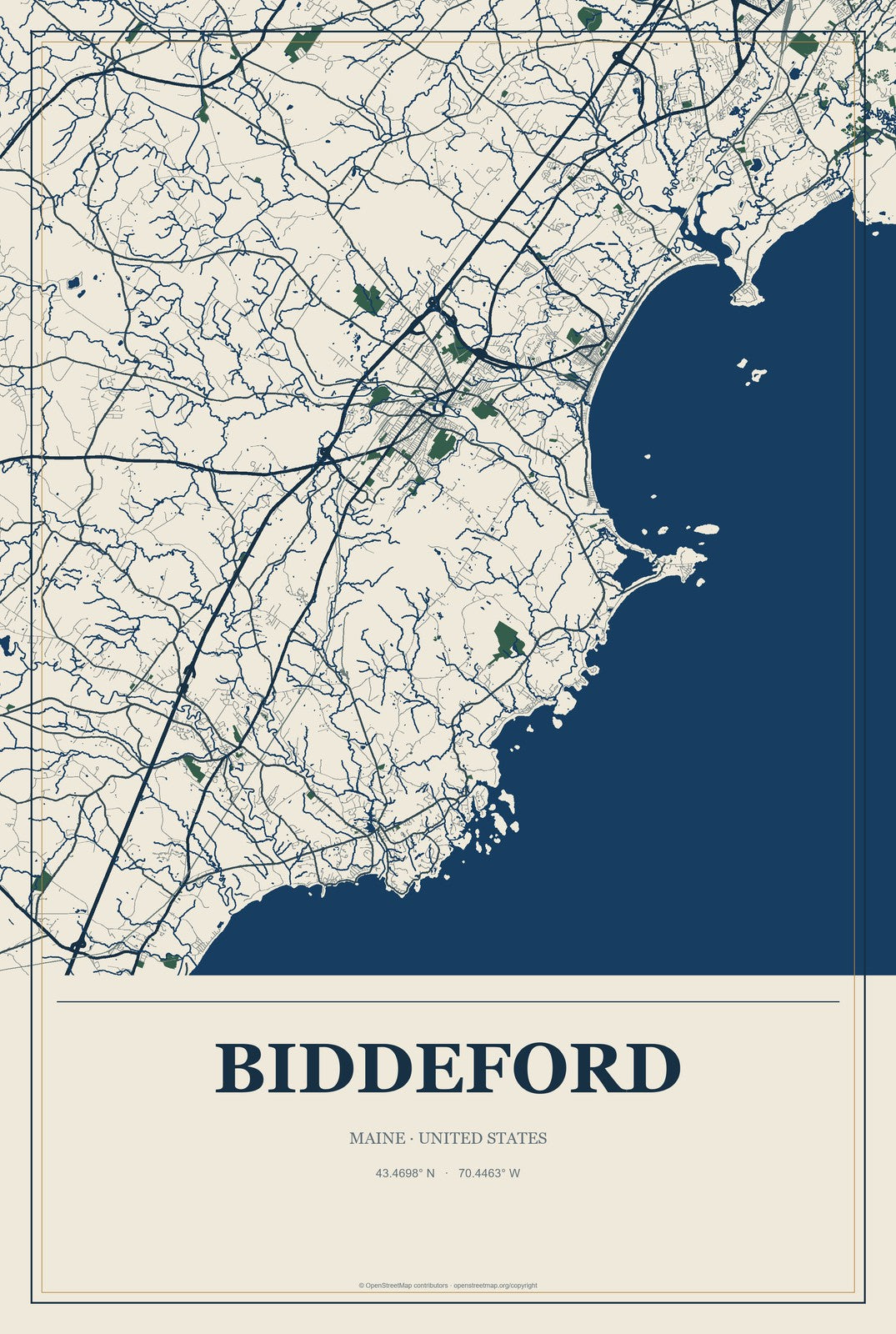 Biddeford, Maine City Map Aluminum Sign in Coastal Cutout style
