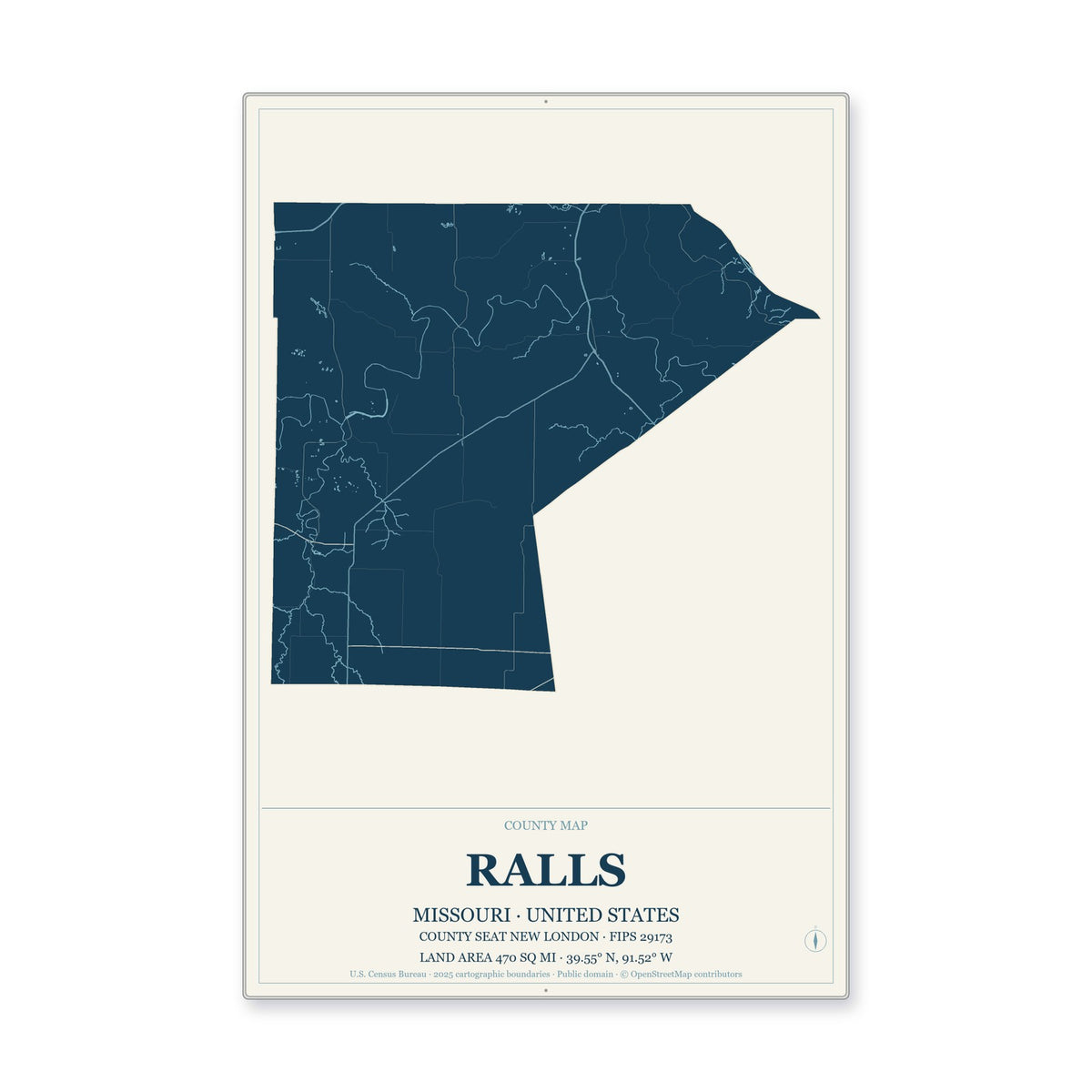 Ralls County, Missouri Map Aluminum Sign in Coastal Cutout style