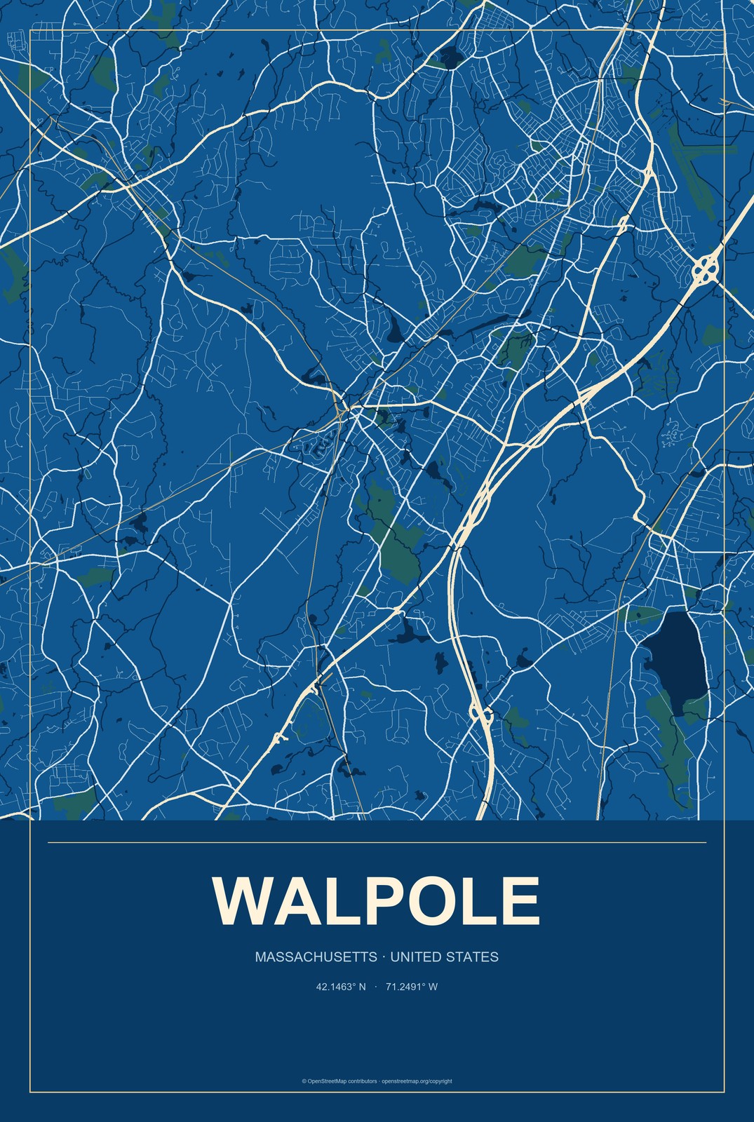 Walpole, Massachusetts City Map Aluminum Sign in Harbor Cobalt style