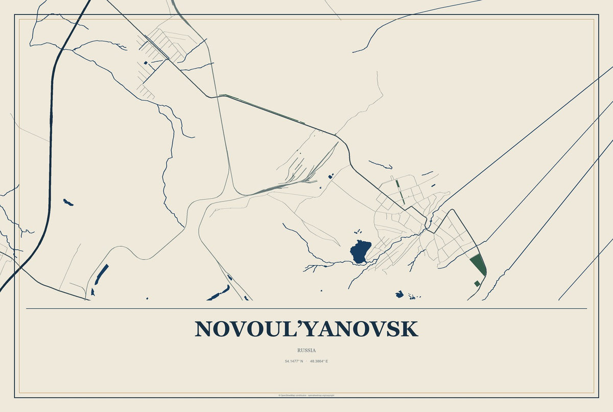 Novoul’yanovsk, Russia City Map Aluminum Sign in Coastal Cutout style
