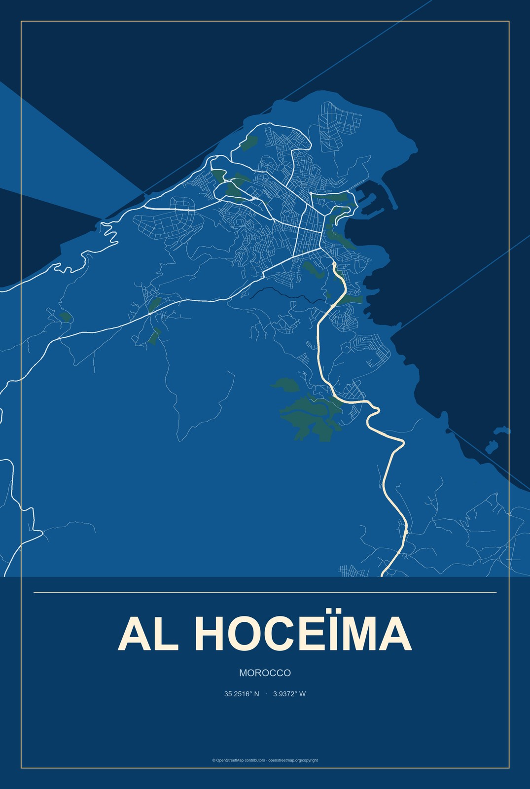 Al Hoceïma, Morocco City Map Aluminum Sign in Harbor Cobalt style