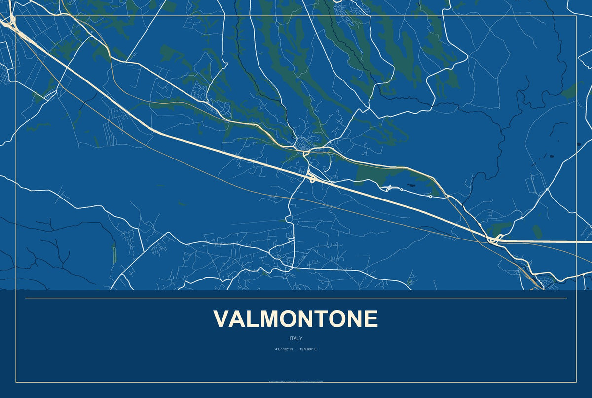 Valmontone, Italy City Map Aluminum Sign in Harbor Cobalt style