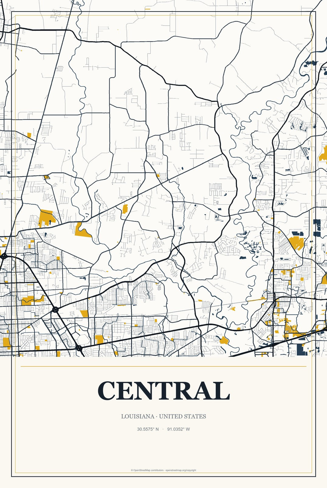 Central, Louisiana City Map Aluminum Sign in Citrine Modern style