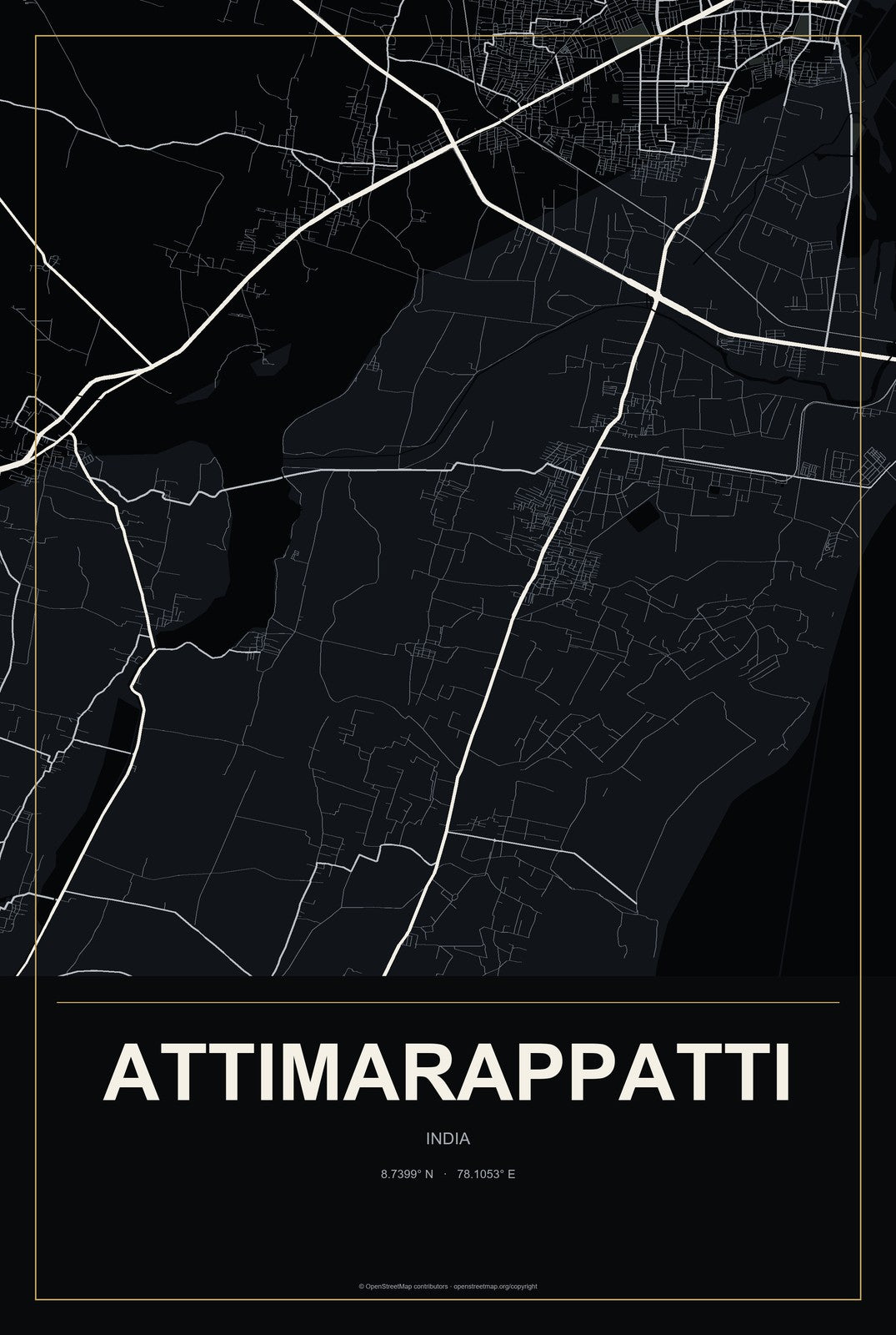 Attimarappatti, India City Map Aluminum Sign in Metropolitan Noir style