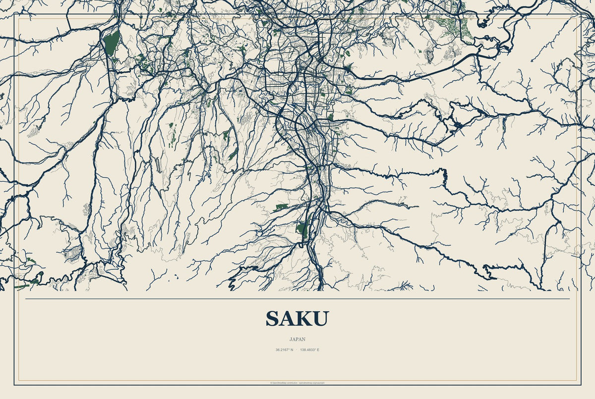 Saku, Japan City Map Aluminum Sign in Coastal Cutout style