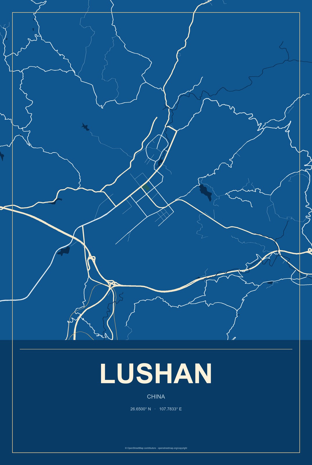 Lushan, China City Map Aluminum Sign in Harbor Cobalt style