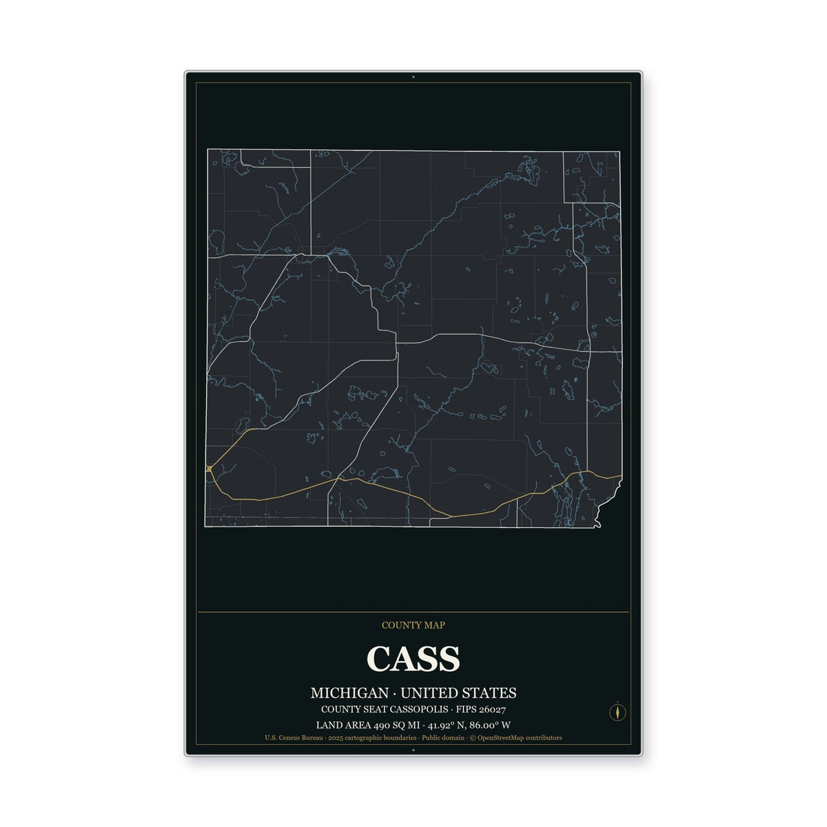 Cass County, Michigan Map Aluminum Sign in Metropolitan Noir style