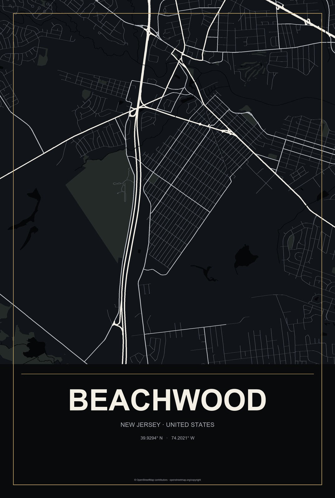 Beachwood, New Jersey City Map Aluminum Sign in Metropolitan Noir style