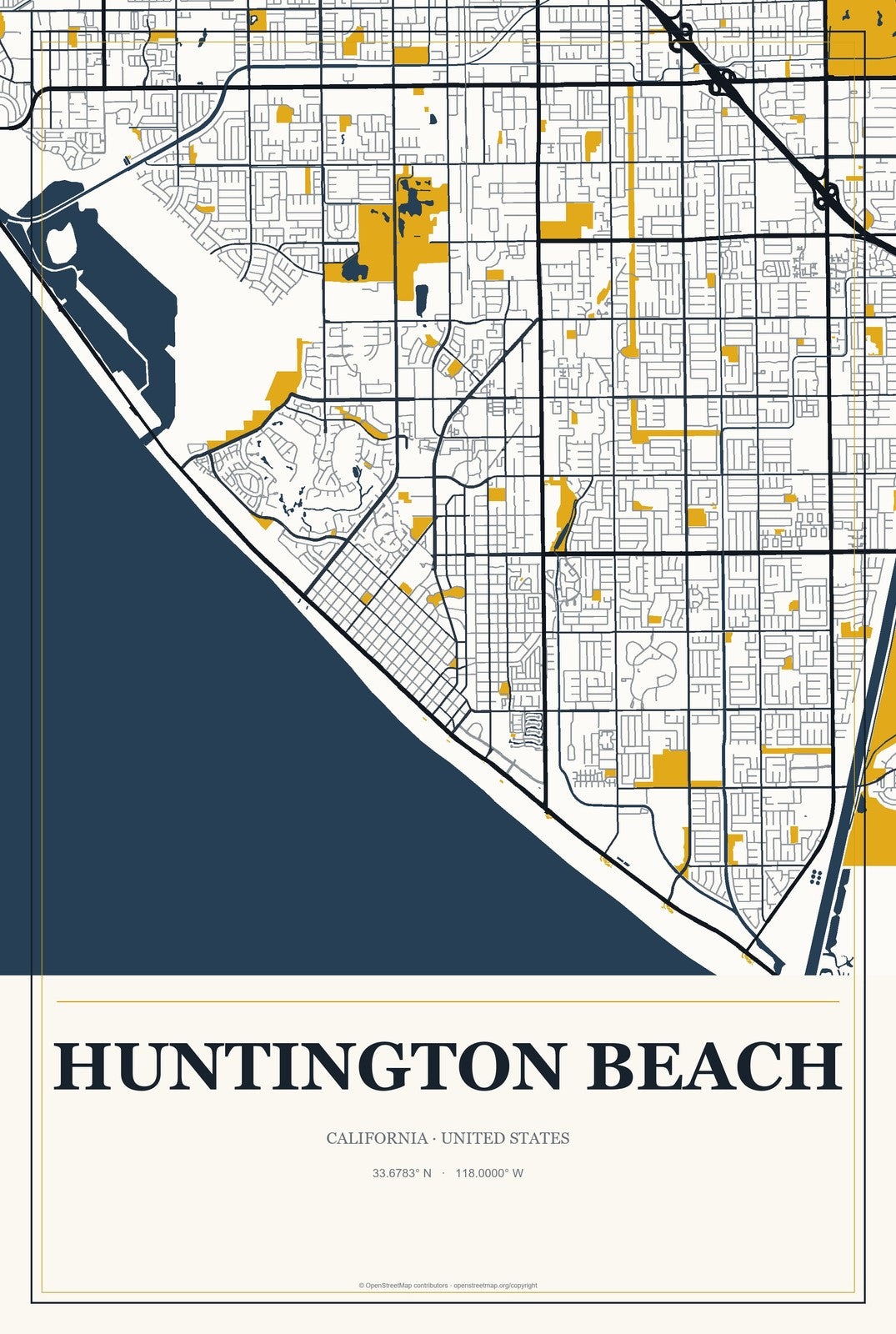Huntington Beach, California City Map Aluminum Sign in Citrine Modern style