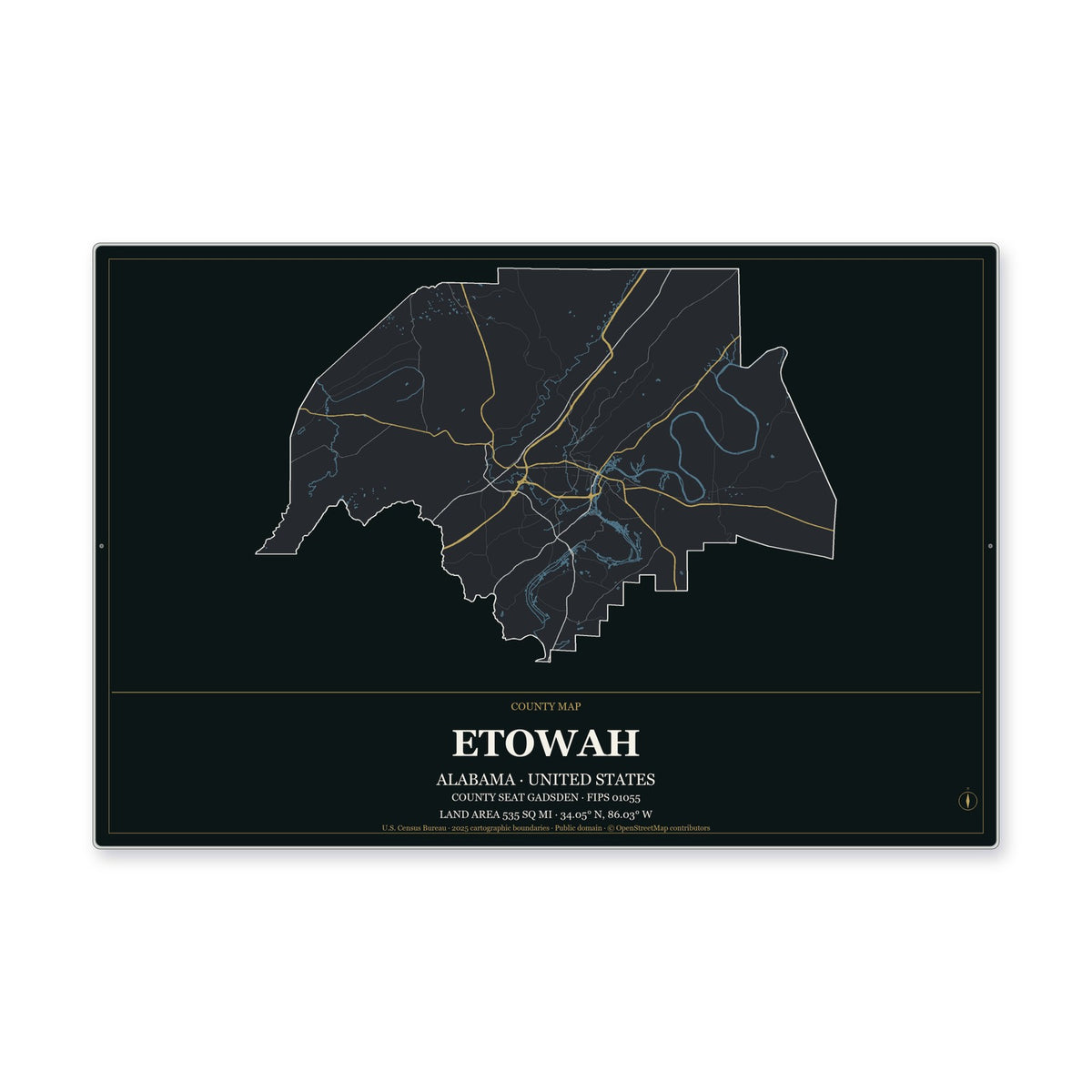 Etowah County, Alabama Map Aluminum Sign in Metropolitan Noir style