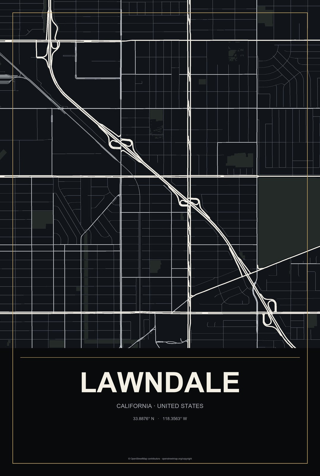 Lawndale, California City Map Aluminum Sign in Metropolitan Noir style