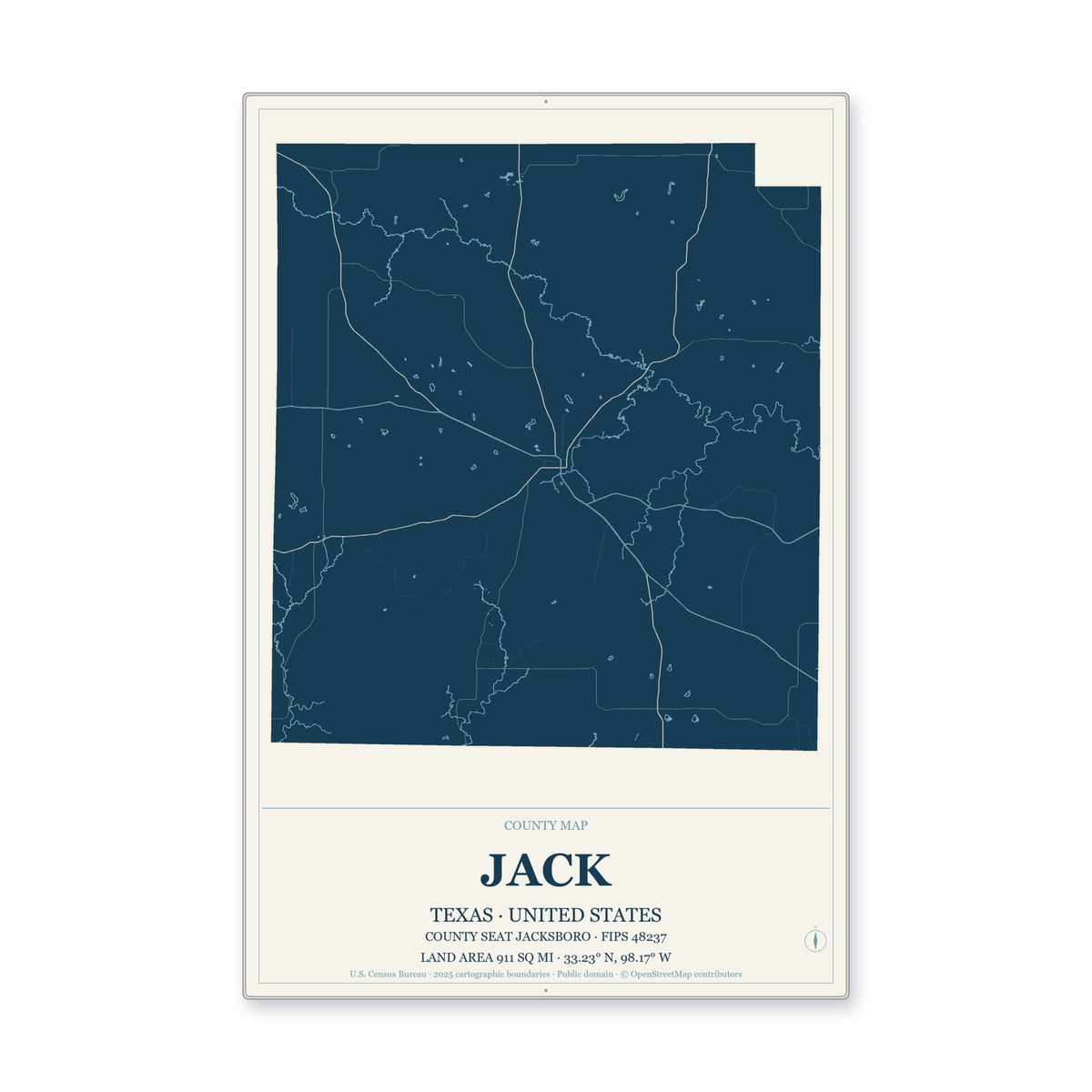 Jack County, Texas Map Aluminum Sign in Coastal Cutout style