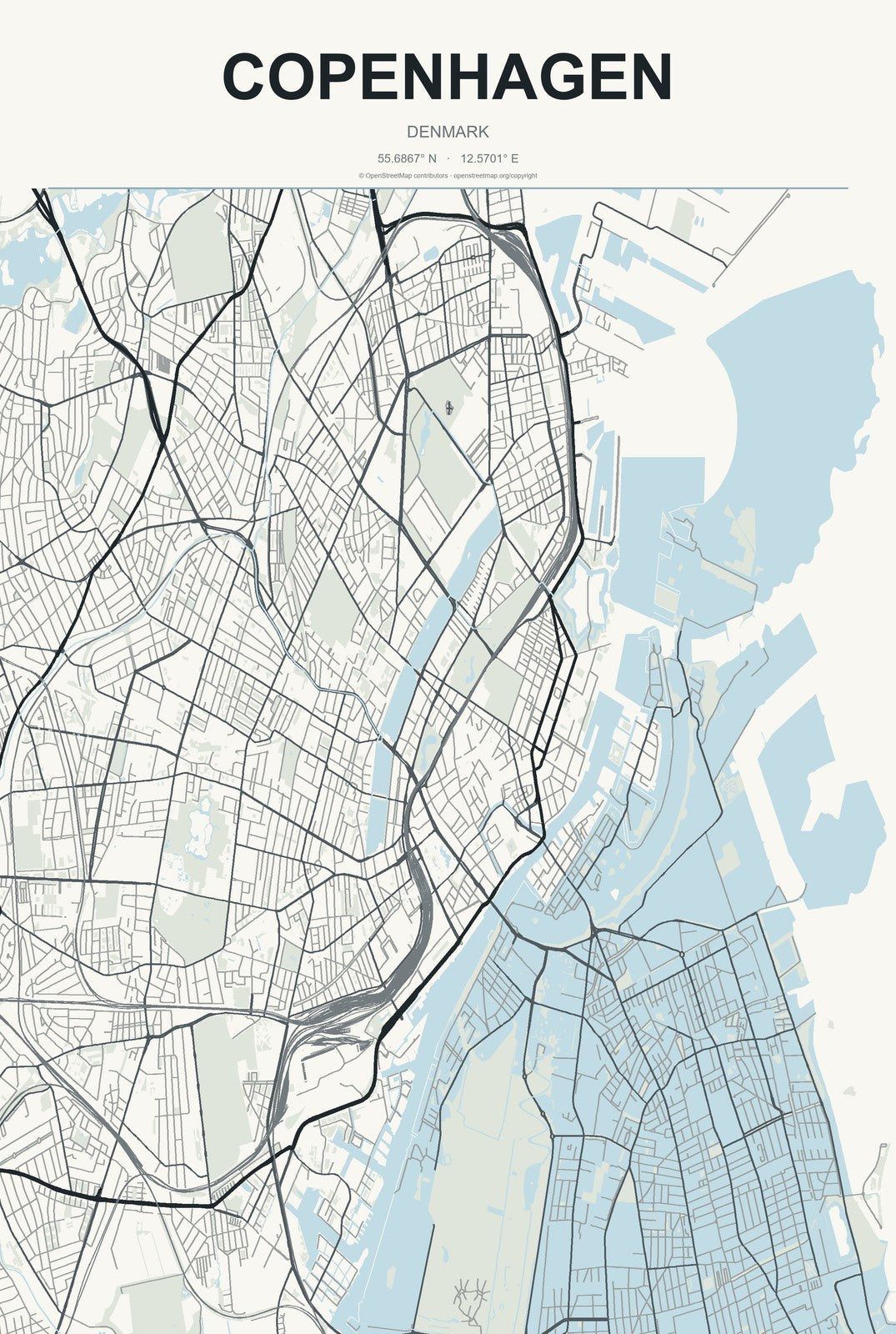 Copenhagen, Denmark City Map Aluminum Sign in Headline Atlas style