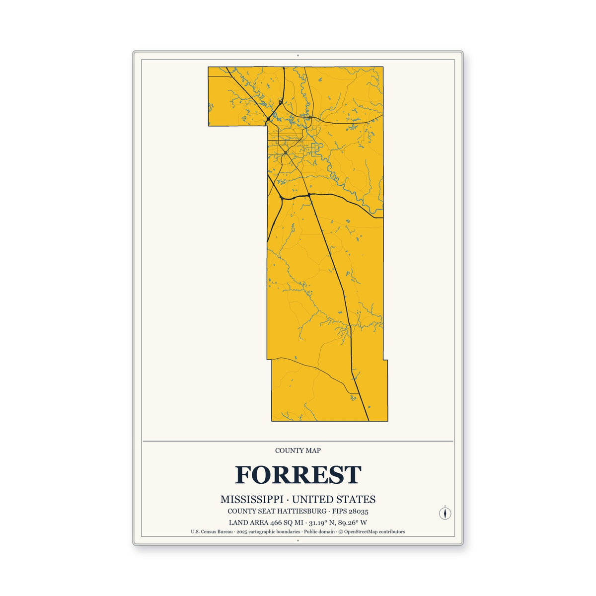 Forrest County, Mississippi Map Aluminum Sign in Citrine Modern style