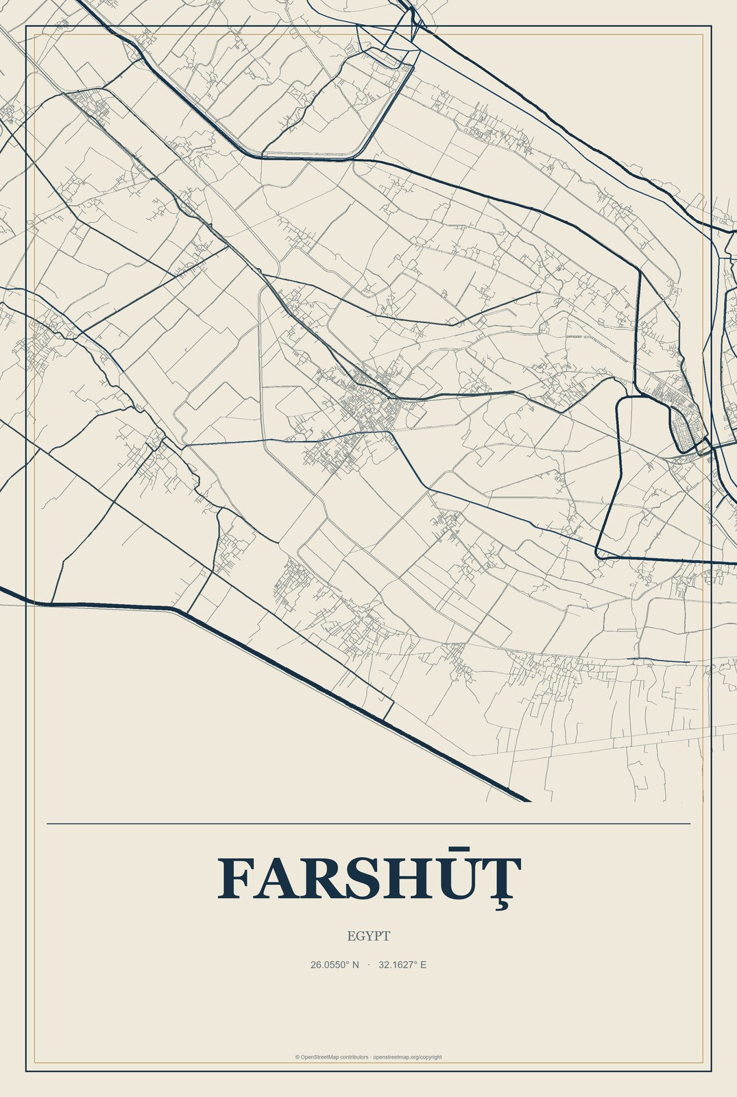 Farshūţ, Egypt City Map Aluminum Sign in Coastal Cutout style