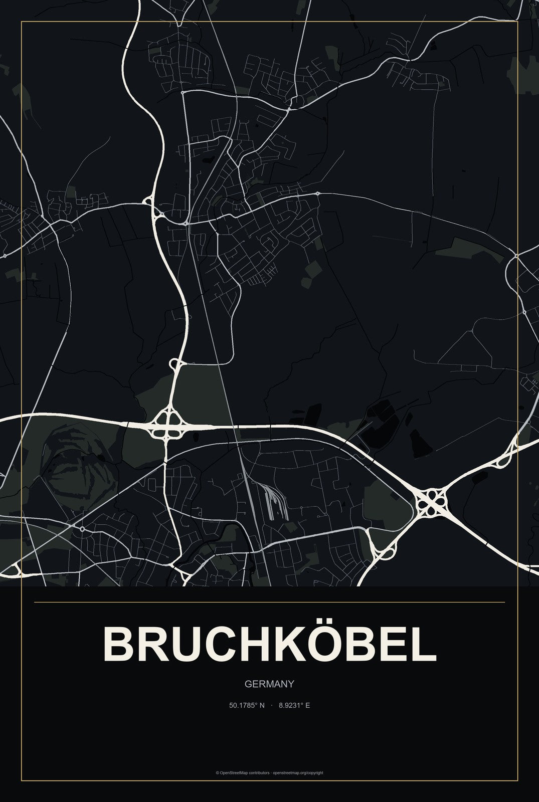Bruchköbel, Germany City Map Aluminum Sign in Metropolitan Noir style