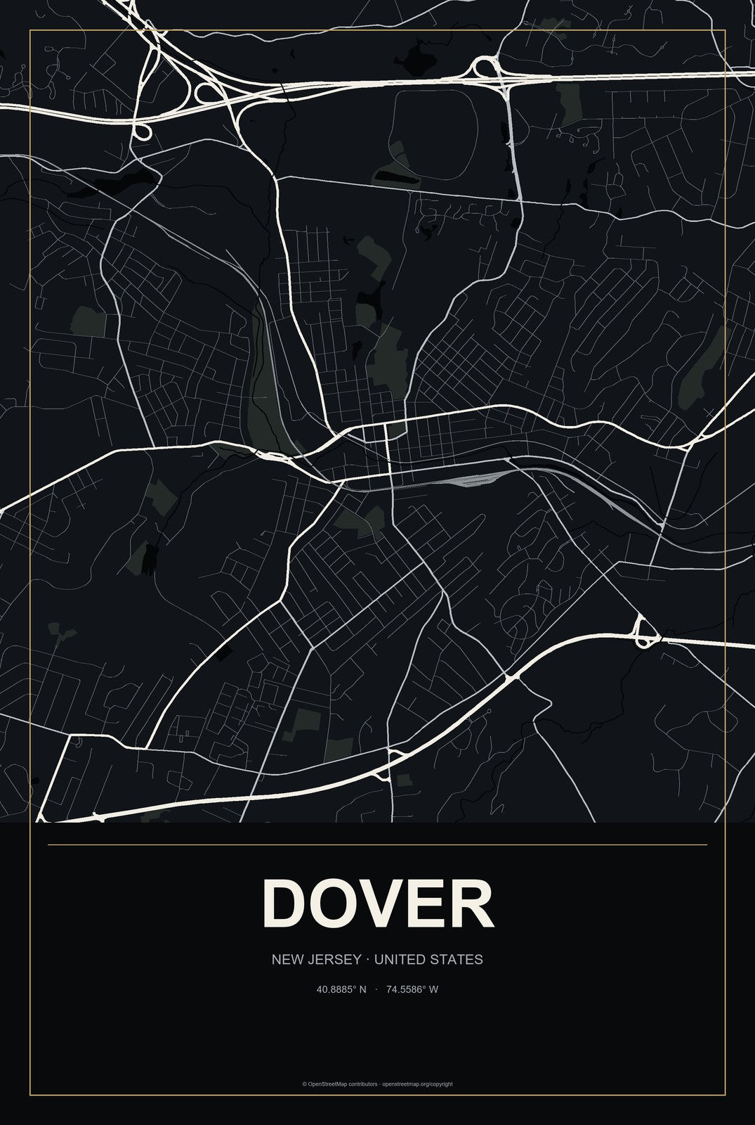 Dover, New Jersey City Map Aluminum Sign in Metropolitan Noir style