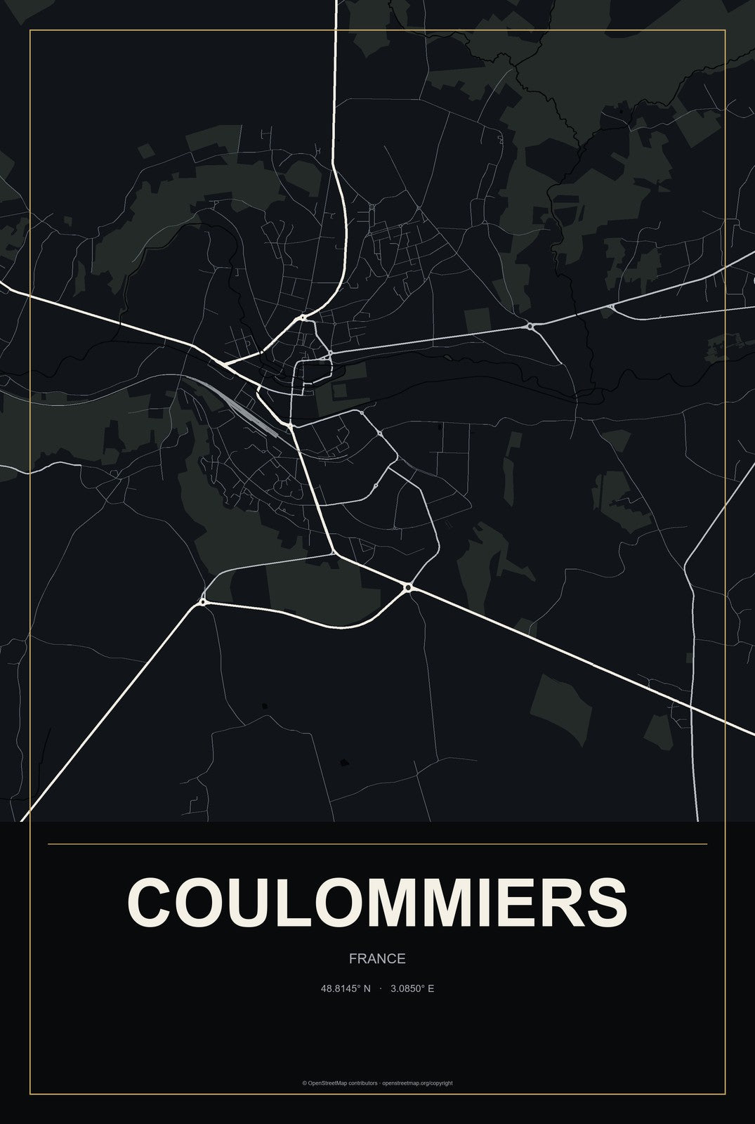 Coulommiers, France City Map Aluminum Sign in Metropolitan Noir style