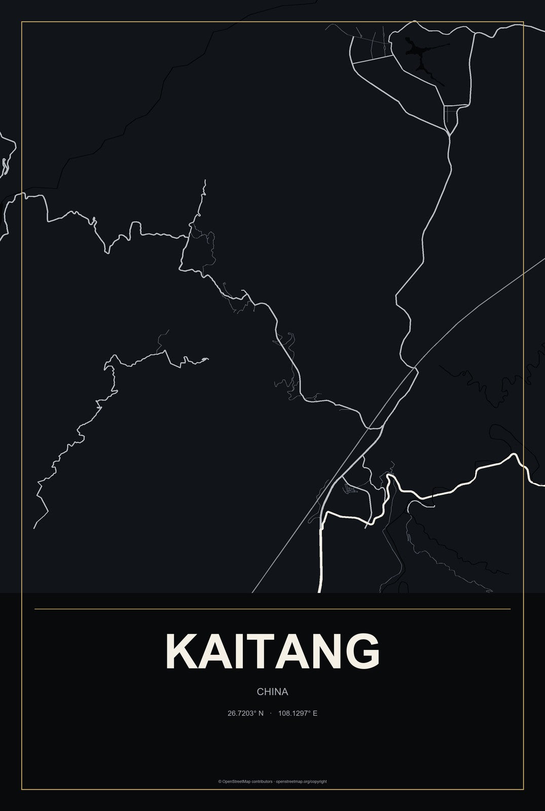 Kaitang, China City Map Aluminum Sign in Metropolitan Noir style