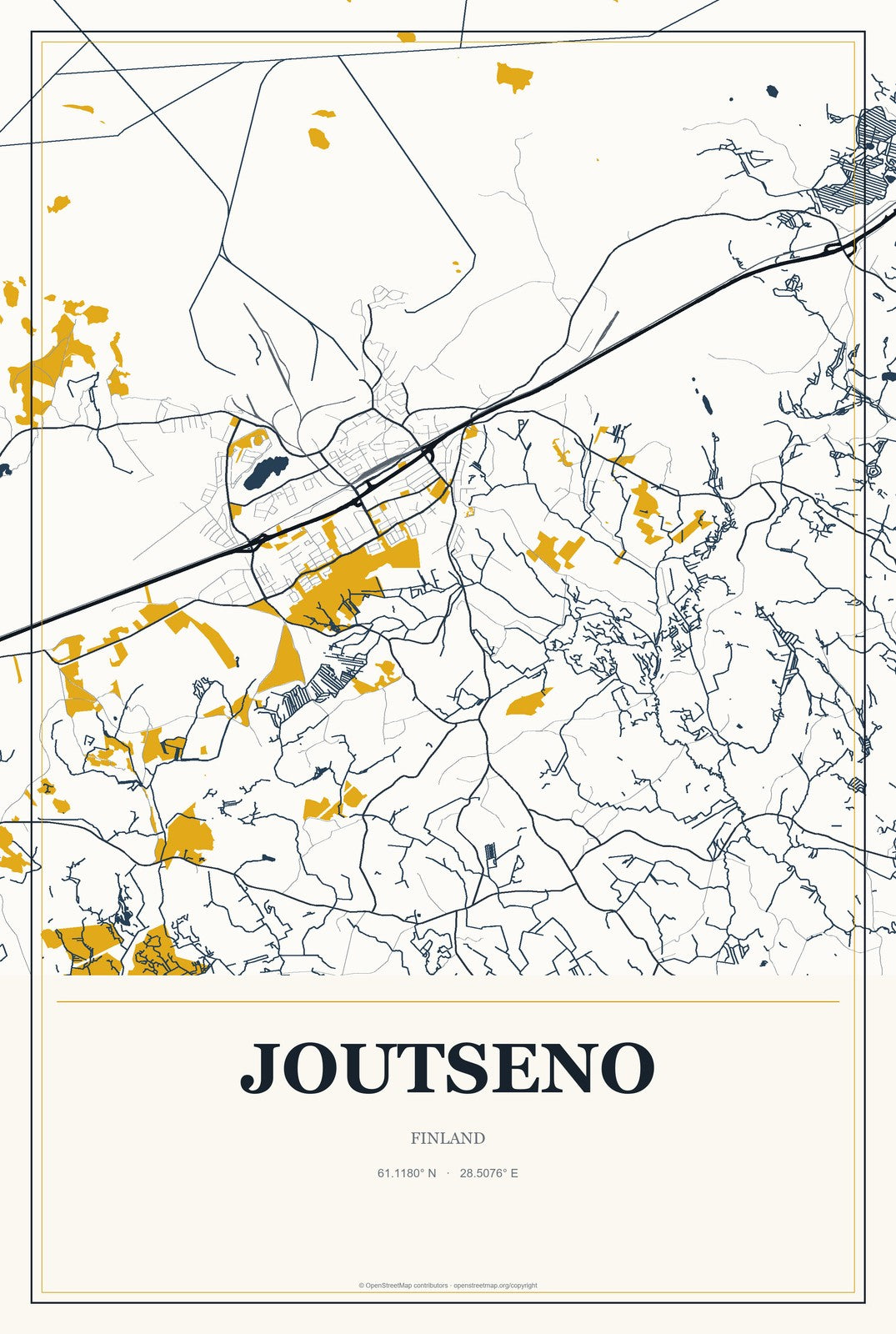 Joutseno, Finland City Map Aluminum Sign in Citrine Modern style