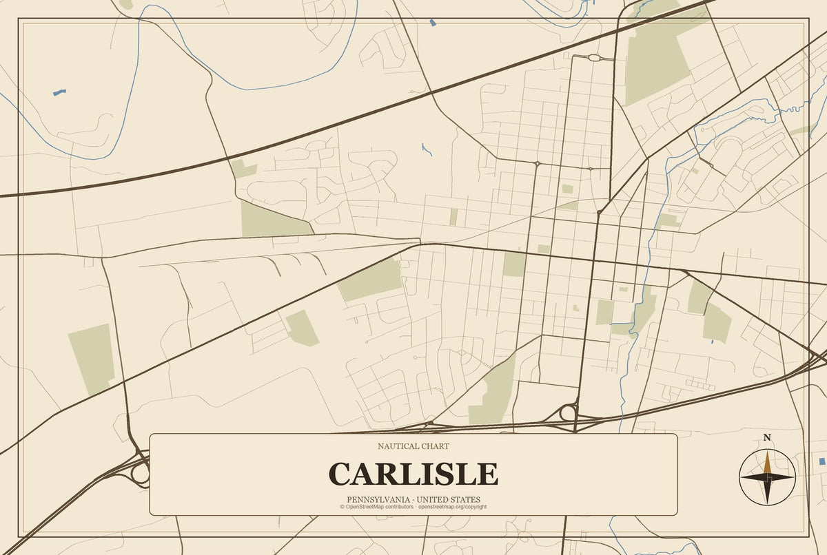 Carlisle, Pennsylvania City Map Aluminum Sign in Heritage Nautical style