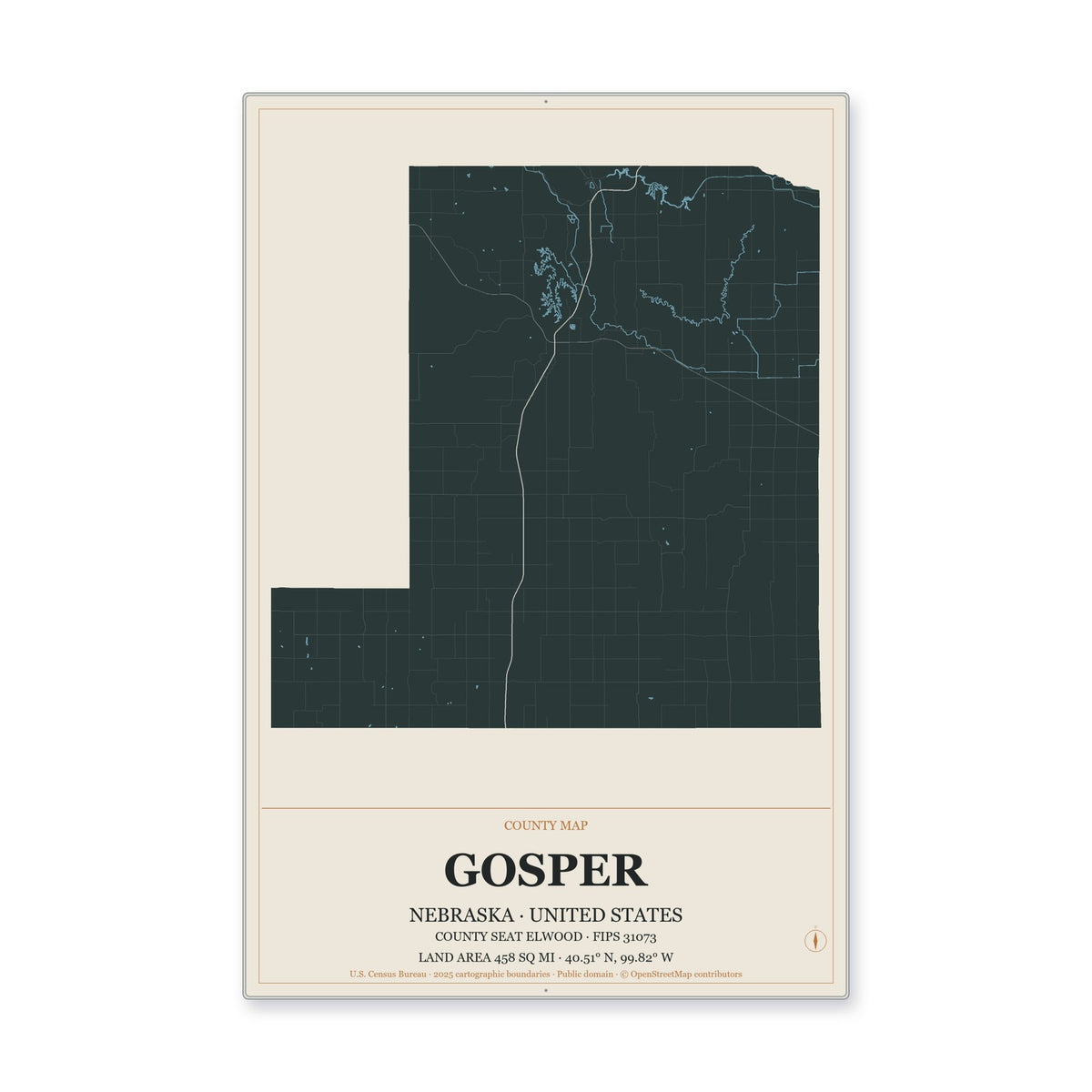 Gosper County, Nebraska Map Aluminum Sign in Headline Atlas style
