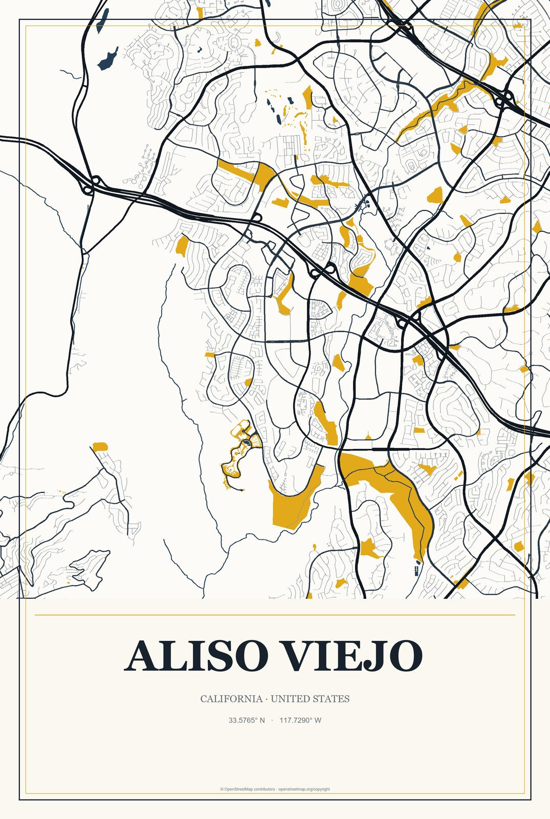 Aliso Viejo, California City Map Aluminum Sign in Citrine Modern style