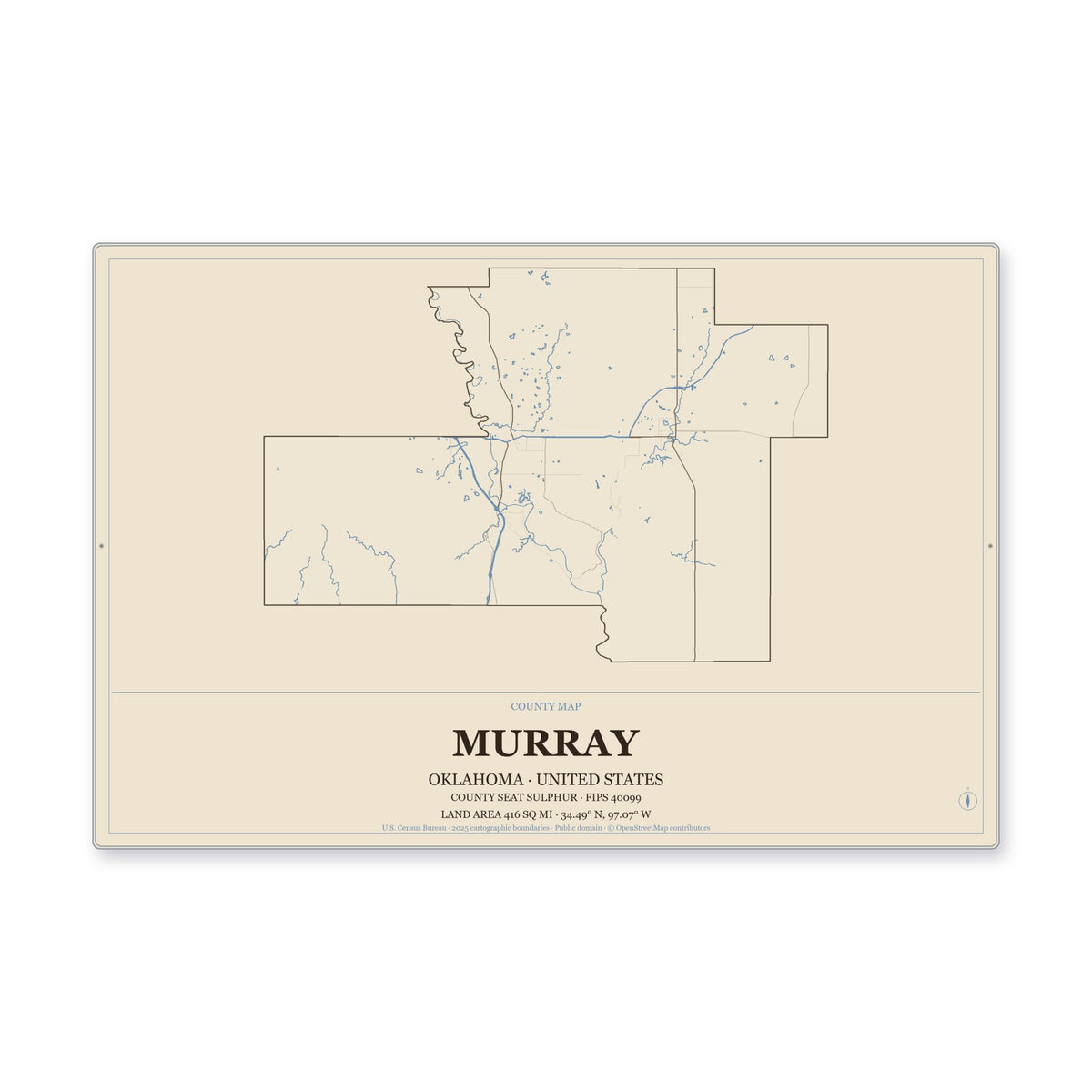 Murray County, Oklahoma Map Aluminum Sign in Heritage Nautical style